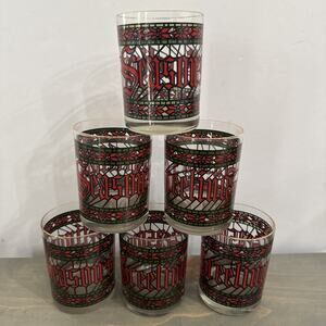 Houze “Seasons Greetings” Stained Glass looking Glasses Set Of 6 Old Fashioned